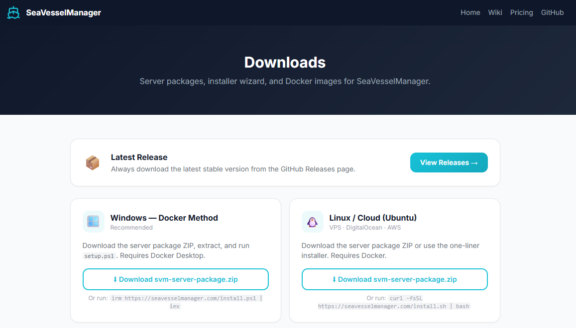 The SeaVesselManager gated download page showing the server package ZIP available through a personal access link
