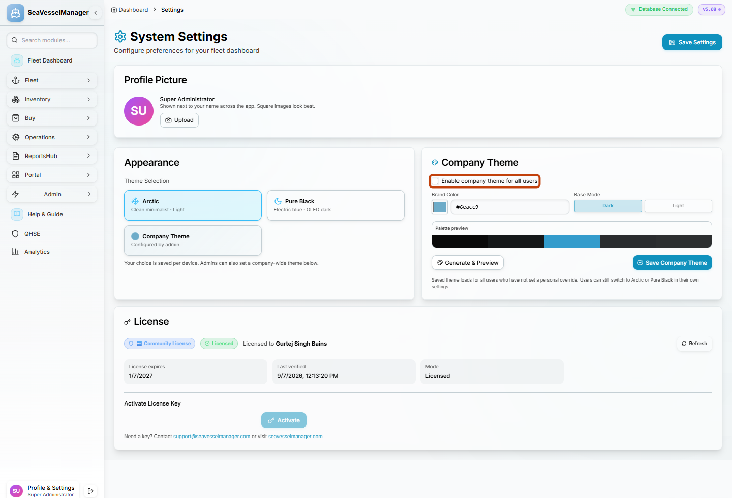 System Settings with the Company Theme enablement row highlighted