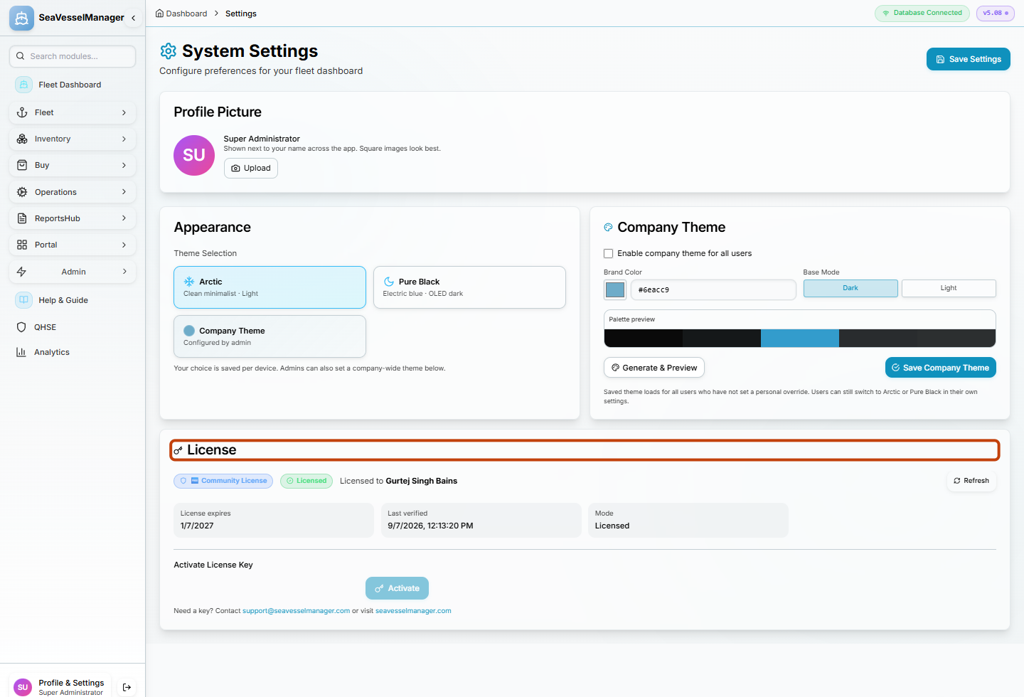 System Settings License card heading and status area highlighted