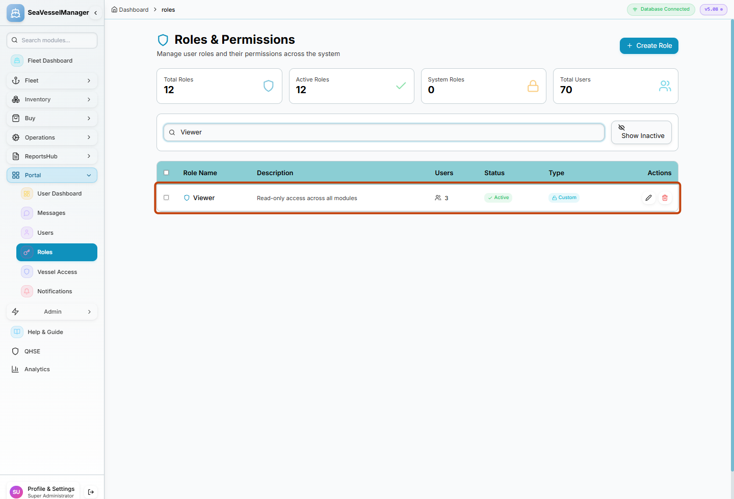 Roles and Permissions filtered to the highlighted Viewer row