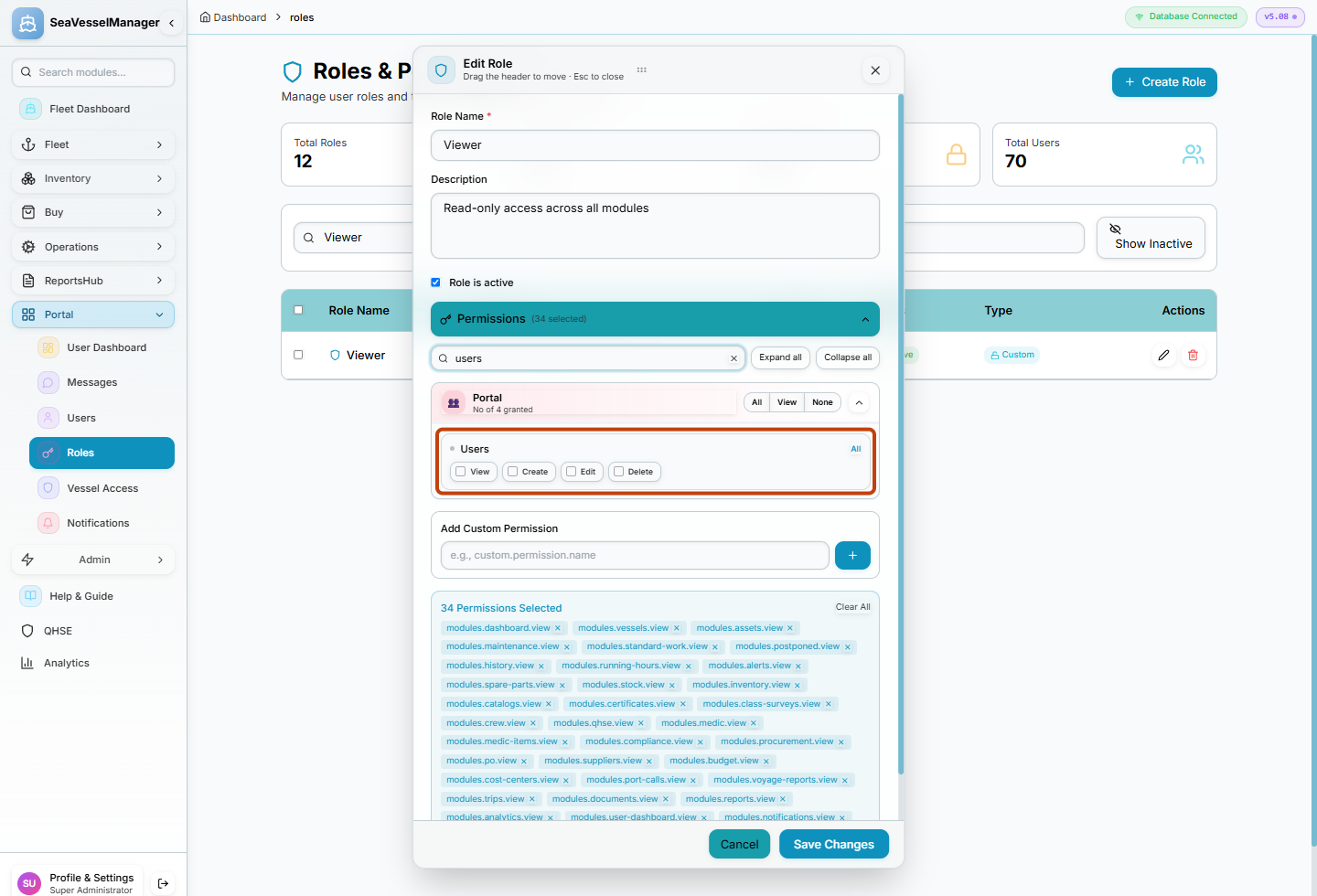 Viewer permission editor with the Users action matrix highlighted and Cancel visible