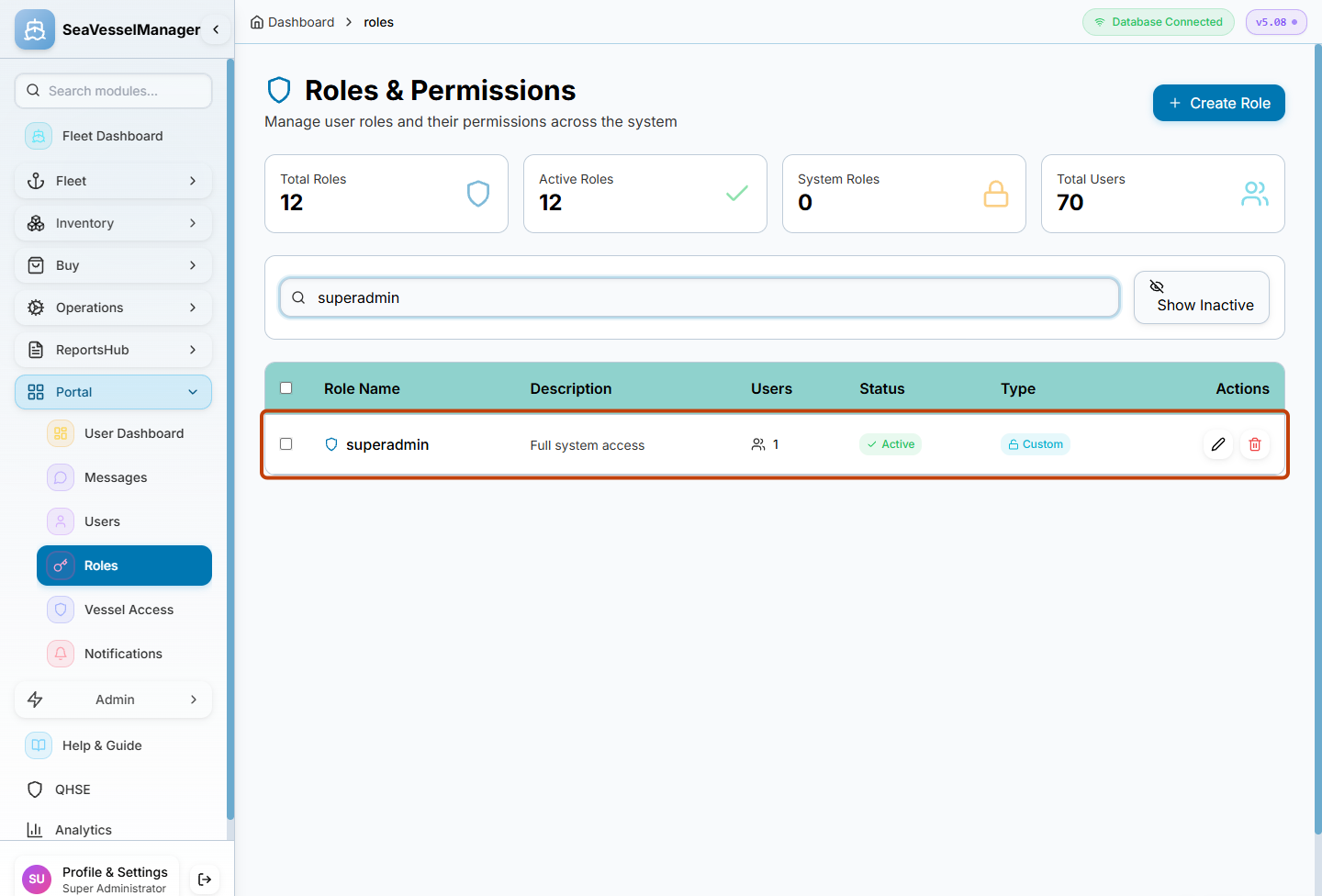 Roles and Permissions list filtered to the superadmin role