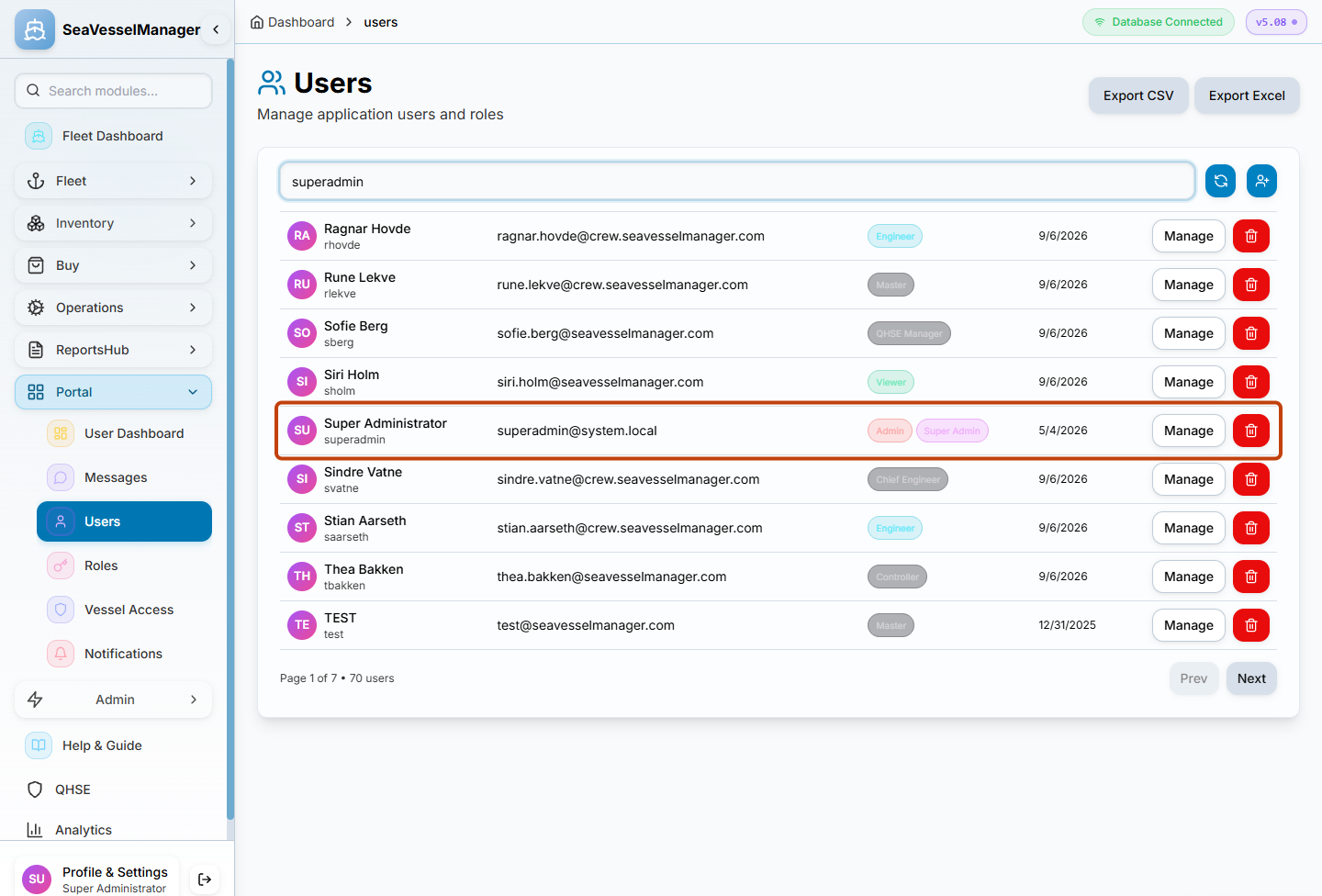 Users list filtered to the superadmin account row