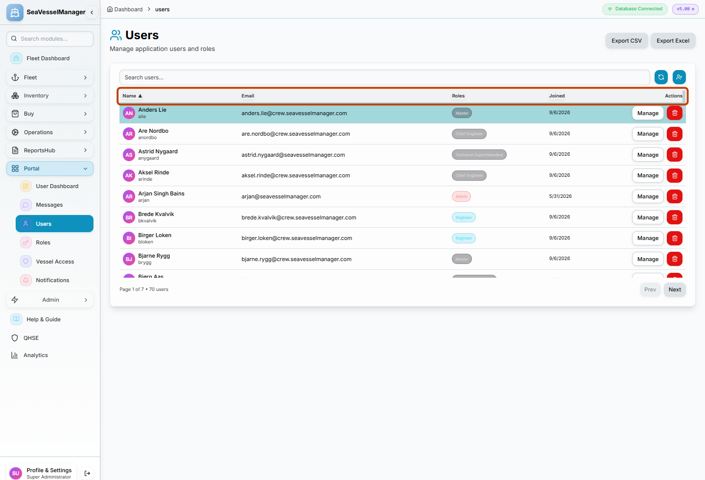 Users list with Name, Email, Roles and Joined column headings highlighted