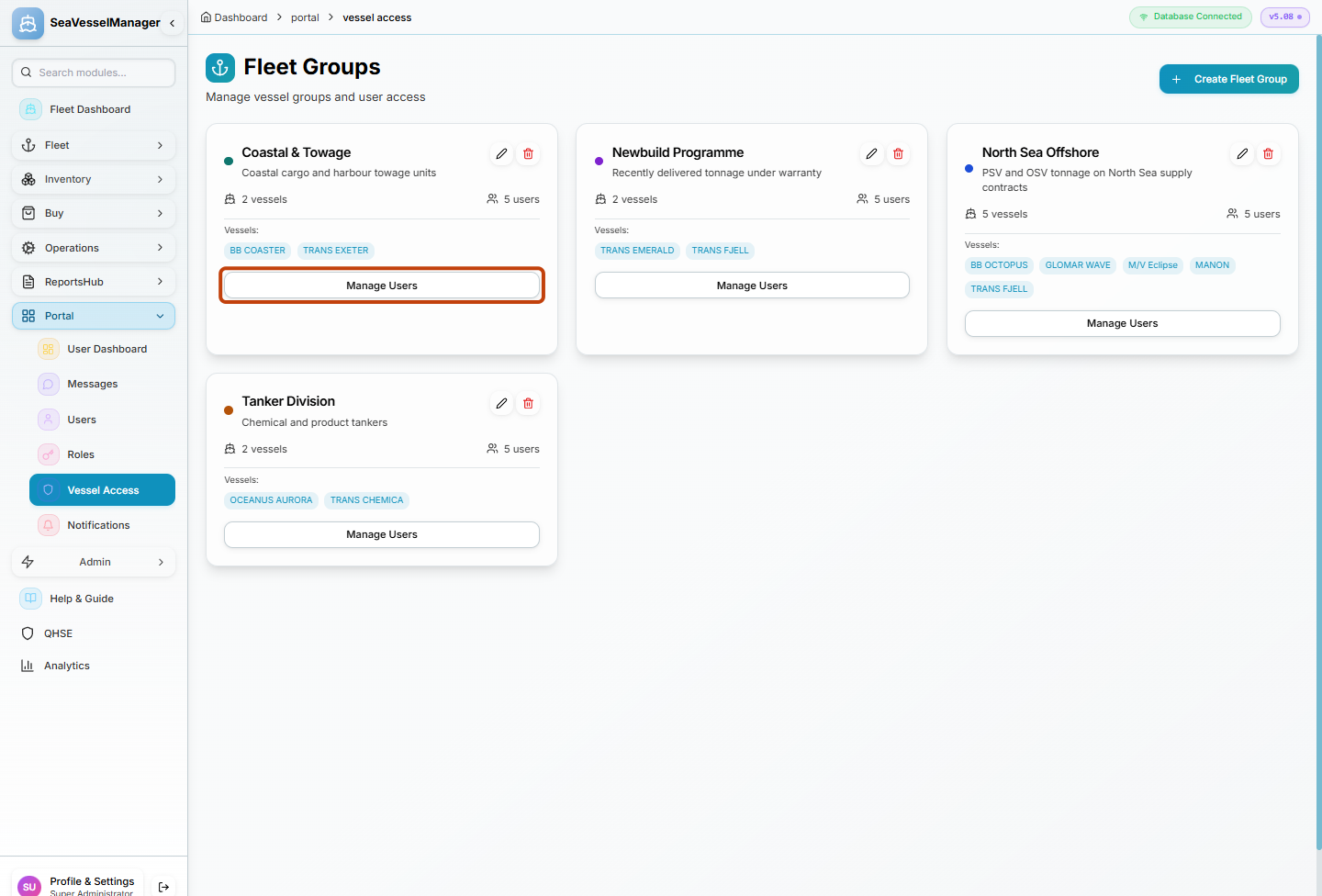 Fleet Groups with Coastal and Towage Manage Users button highlighted