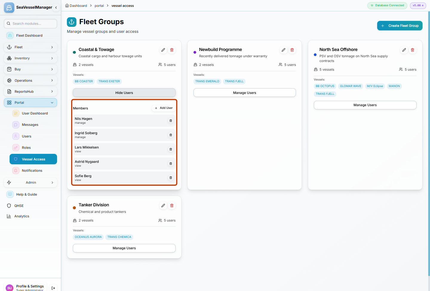 Expanded Coastal and Towage Members list showing manage and view access labels