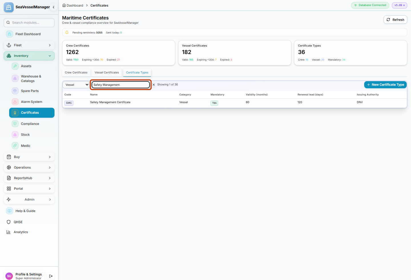 Certificate Types list with the search field and matching row highlighted
