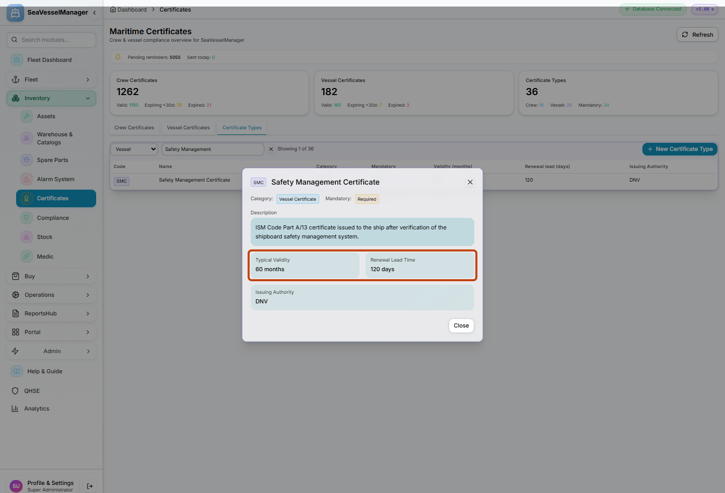 Certificate type detail panel with fields highlighted