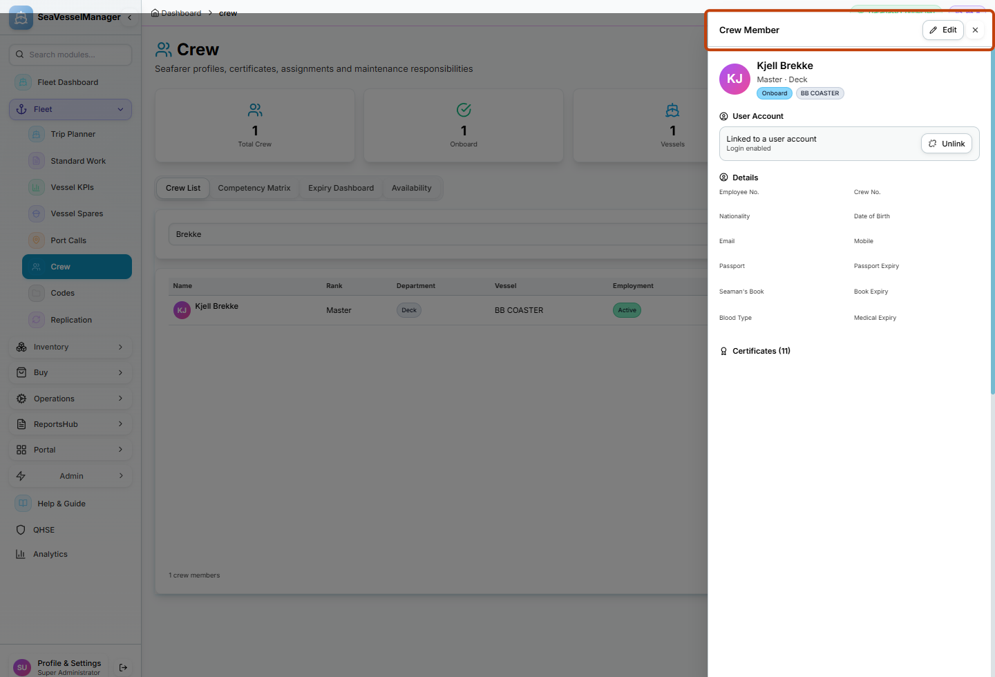 Search result with the matching crew member and View button highlighted