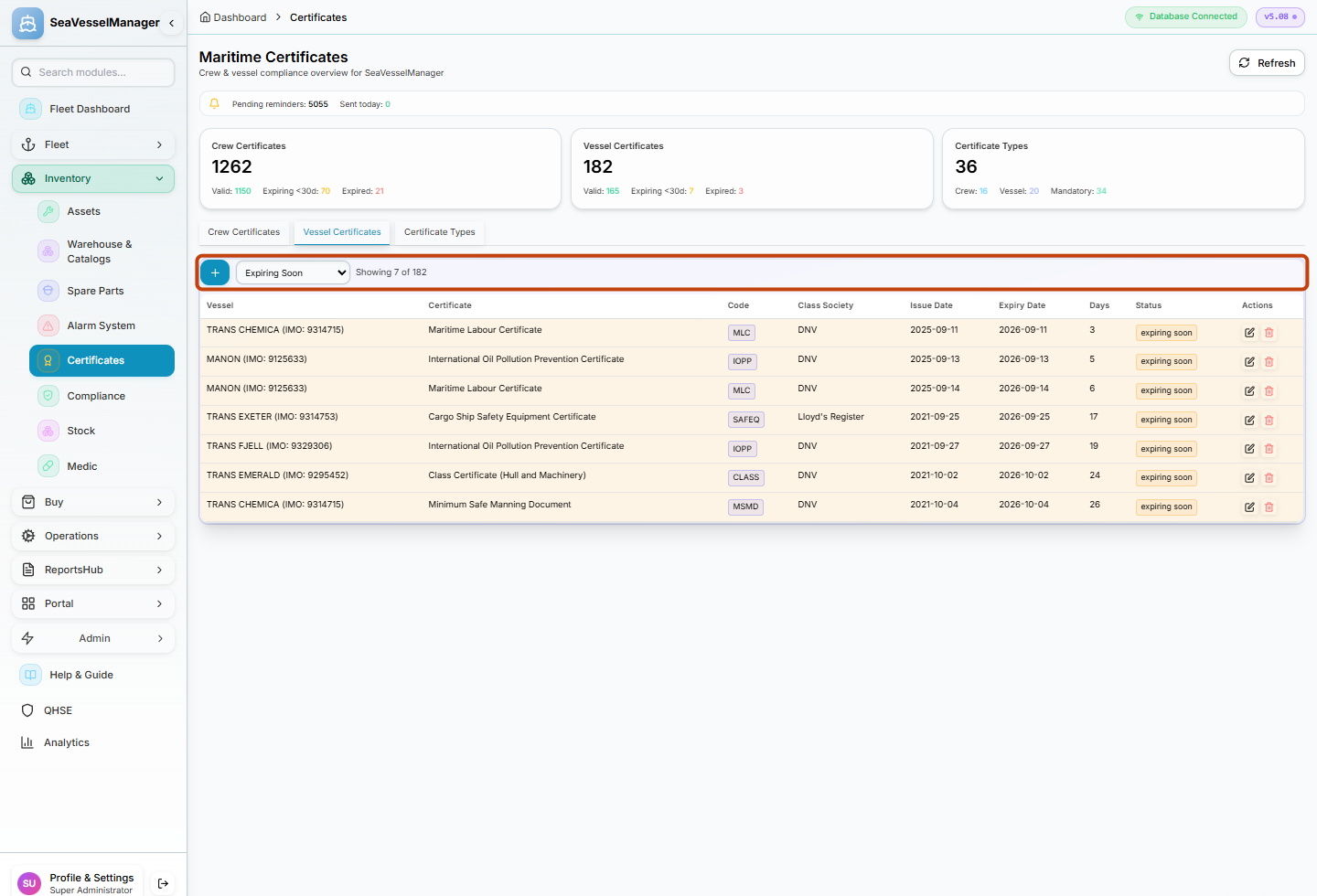 Certificates page with Vessel Certificates tab and vessel selector highlighted