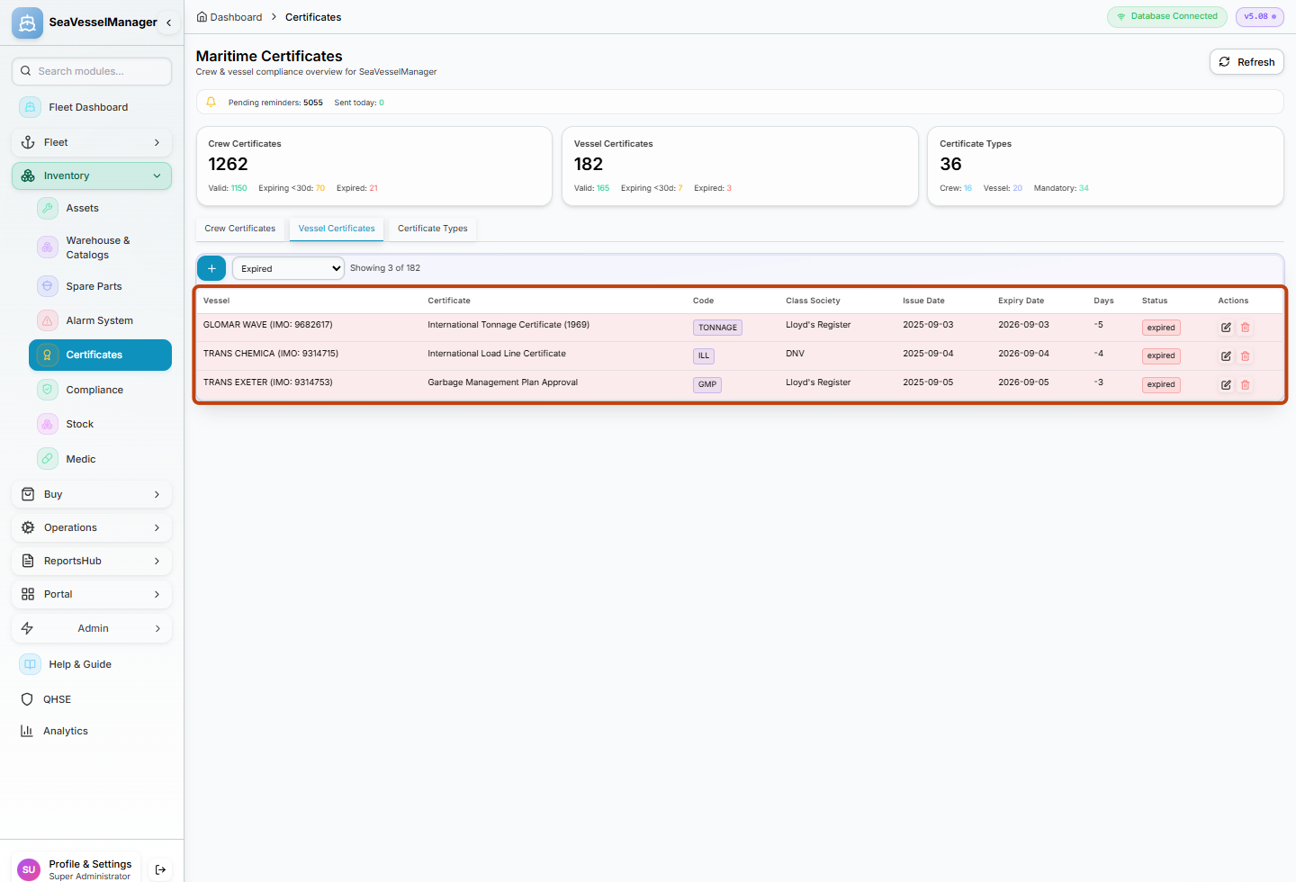 Vessel certificate list with expiry columns highlighted