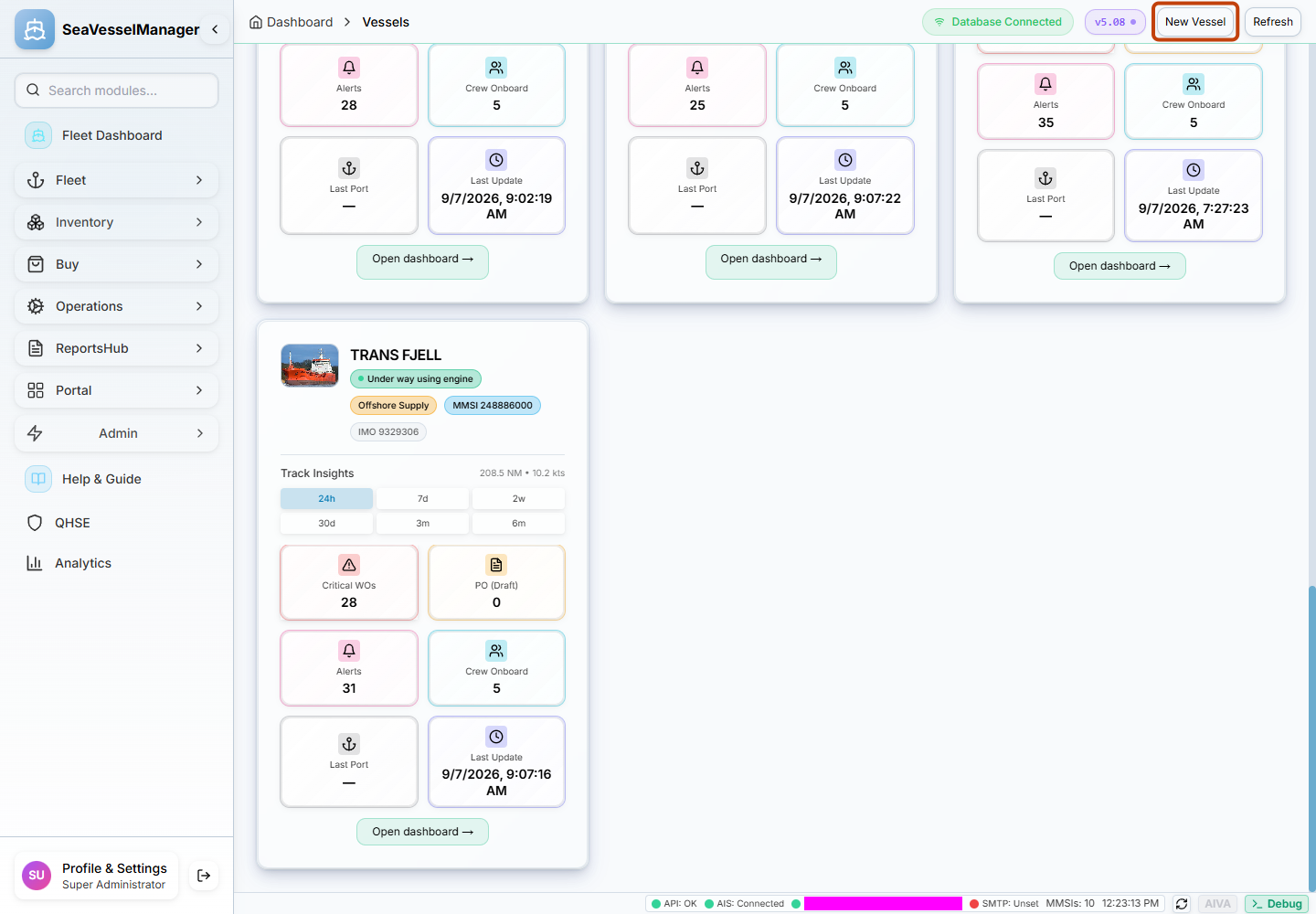 New Vessel button highlighted on the Vessel KPIs page