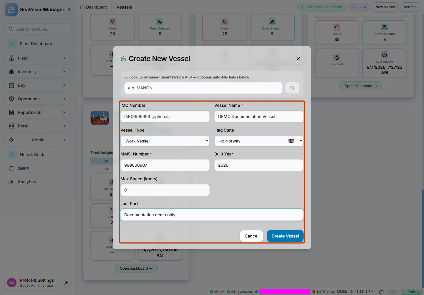 Create New Vessel form containing clearly labelled demonstration vessel details