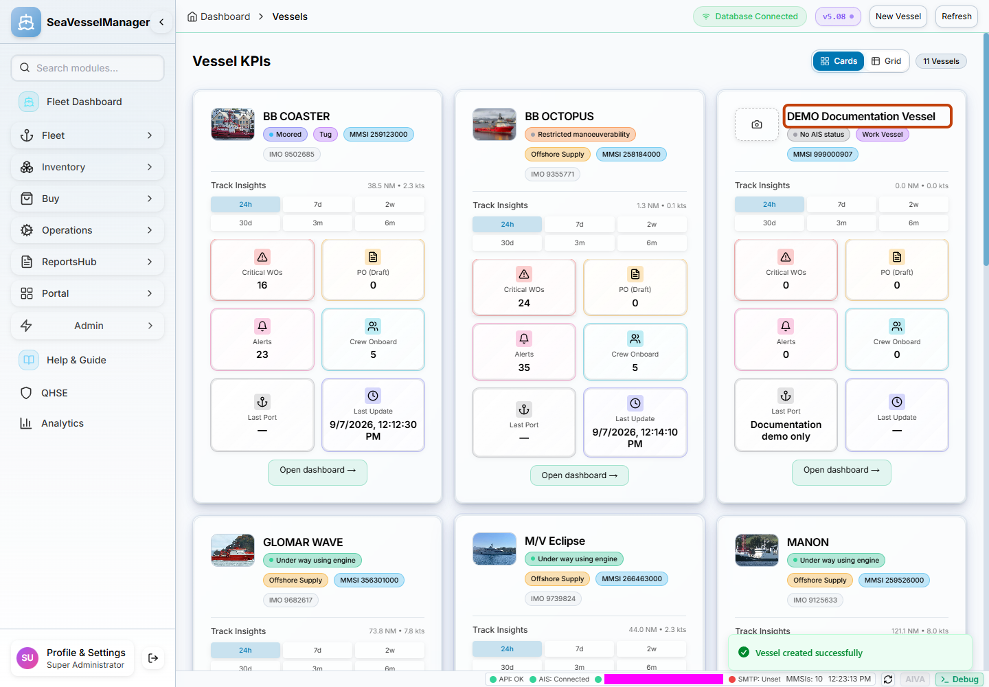 New demonstration vessel visible in the Vessel KPIs list after creation