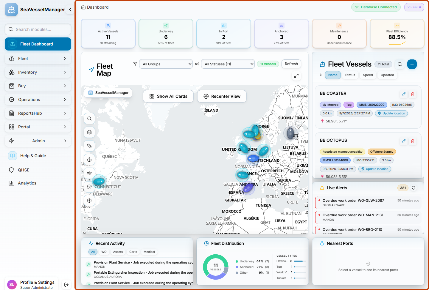 Fleet Dashboard in Cards view with vessel cards highlighted