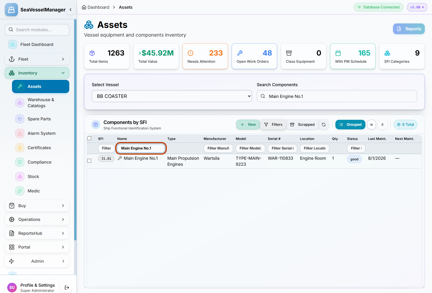 Name column filter narrowing the list to Main Engine No.1