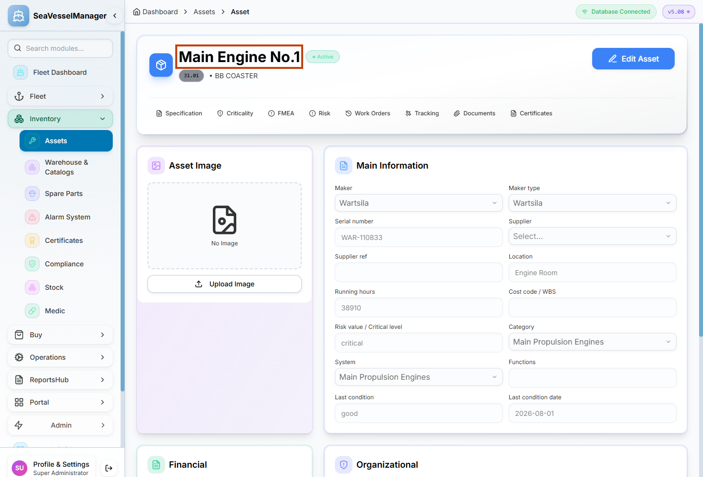 Main Engine No.1 full asset page with the component heading highlighted