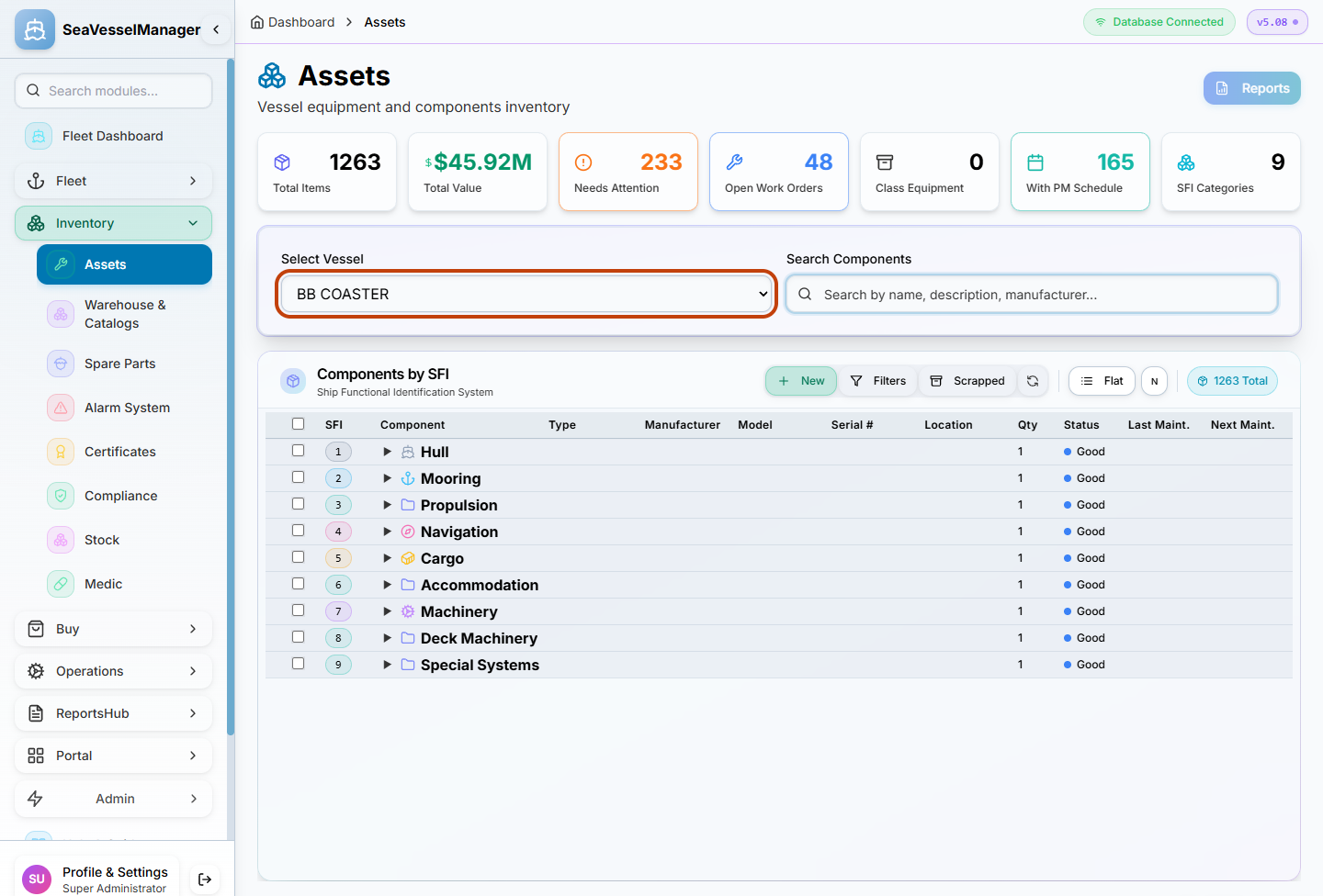 Assets register with BB COASTER selected and collapsed SFI groups
