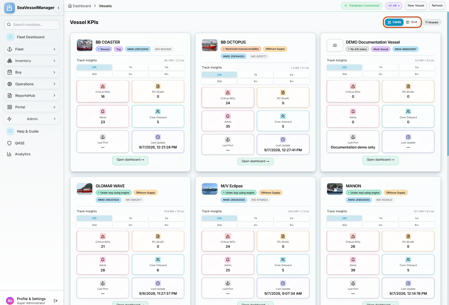 Vessel KPIs cards with the Cards and Grid switch highlighted
