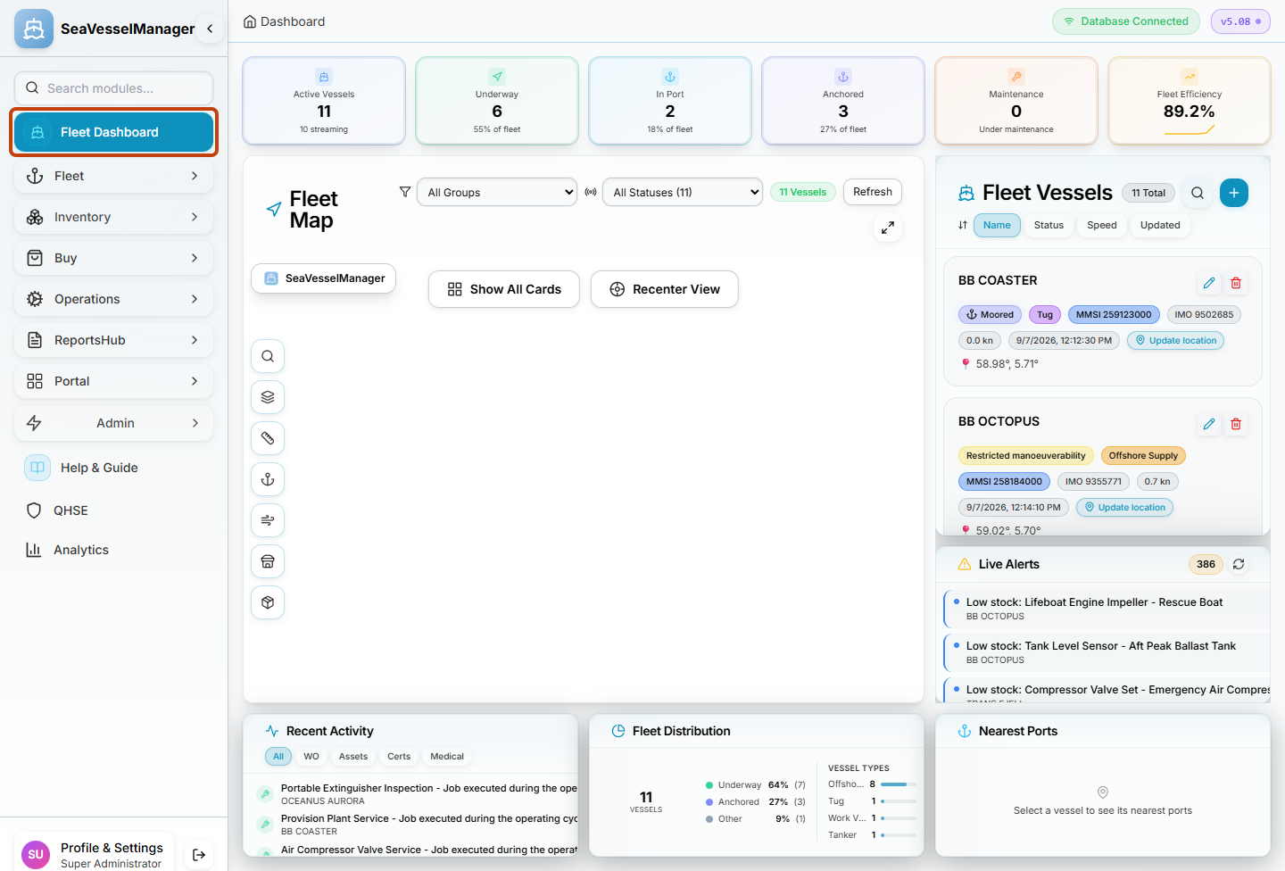 Authenticated SeaVesselManager dashboard with Fleet Dashboard highlighted
