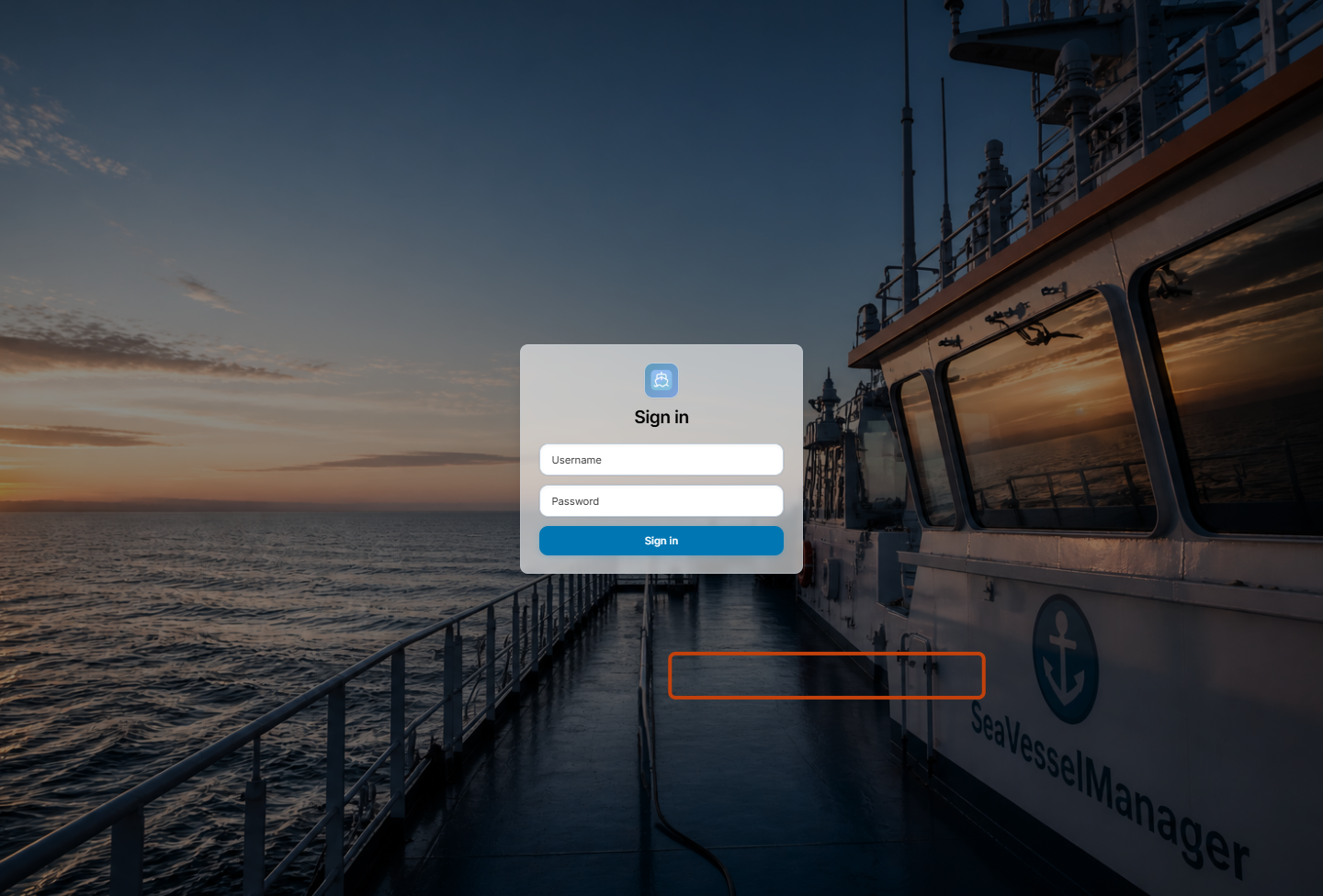 SeaVesselManager Sign in screen with the Sign in button outlined