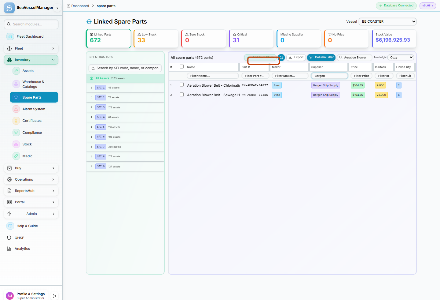 Supplier filter highlighted with Bergen entered and two Aeration Blower rows remaining