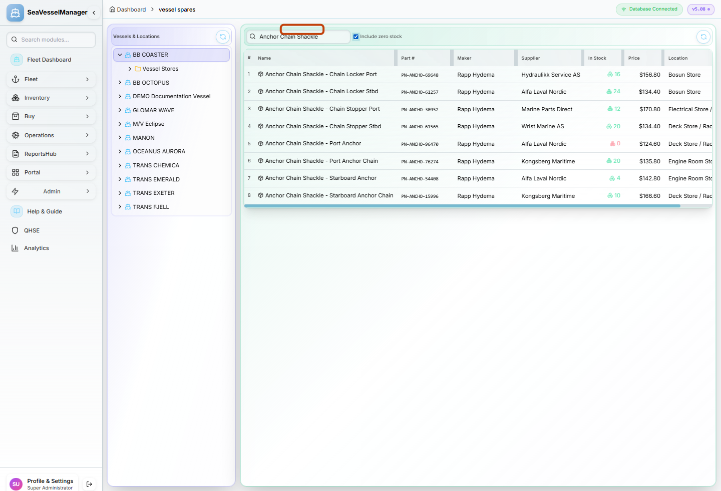 Include zero stock checkbox highlighted with Port Anchor visible at zero stock among eight matching parts