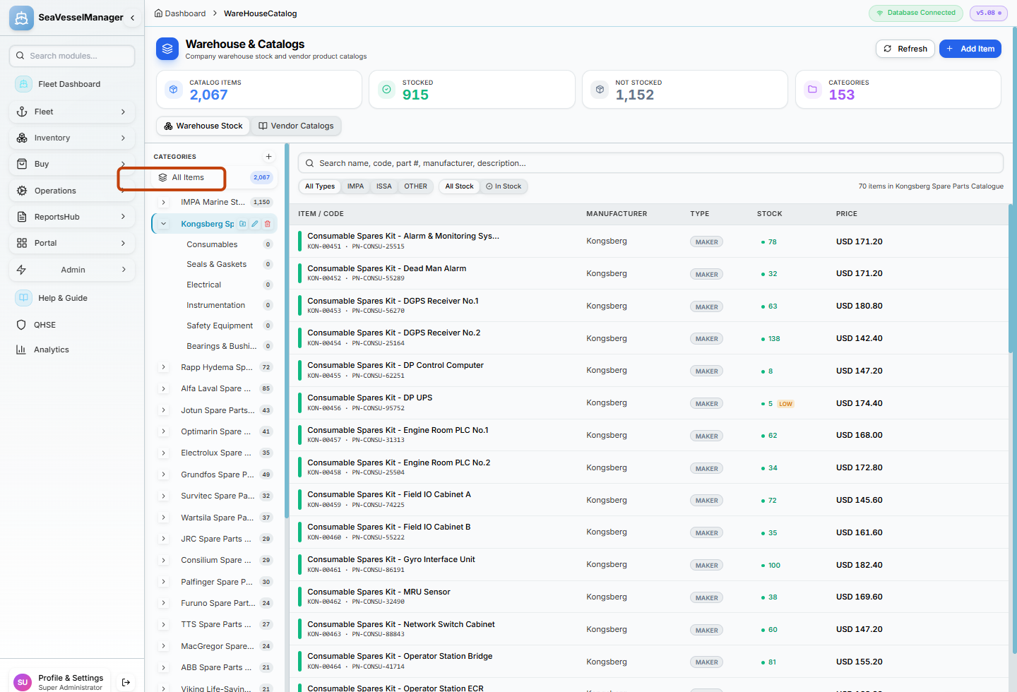 Kongsberg parent category highlighted with its child names expanded and maker items listed
