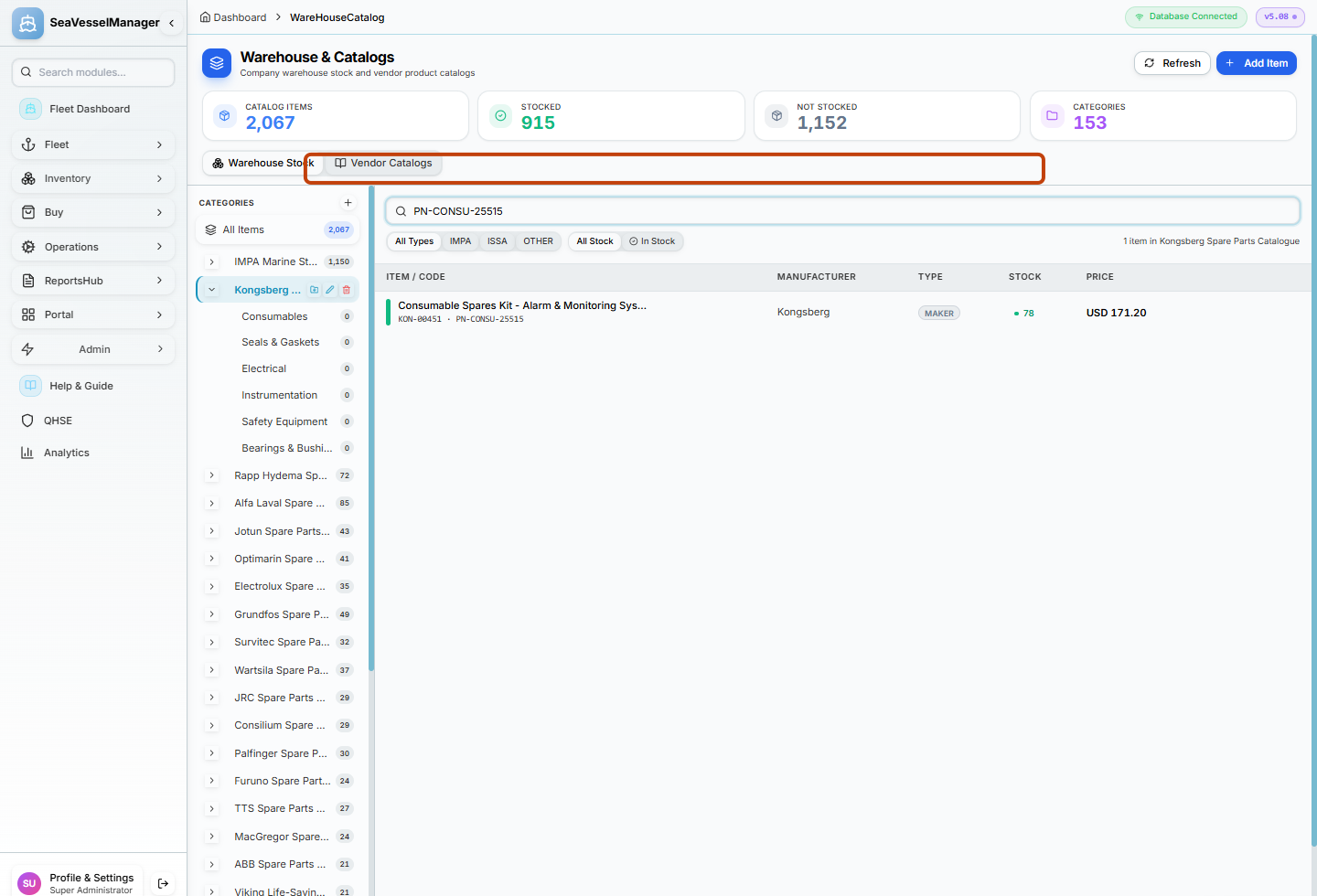 Catalogue search highlighted with PN-CONSU-25515 and one Kongsberg kit result