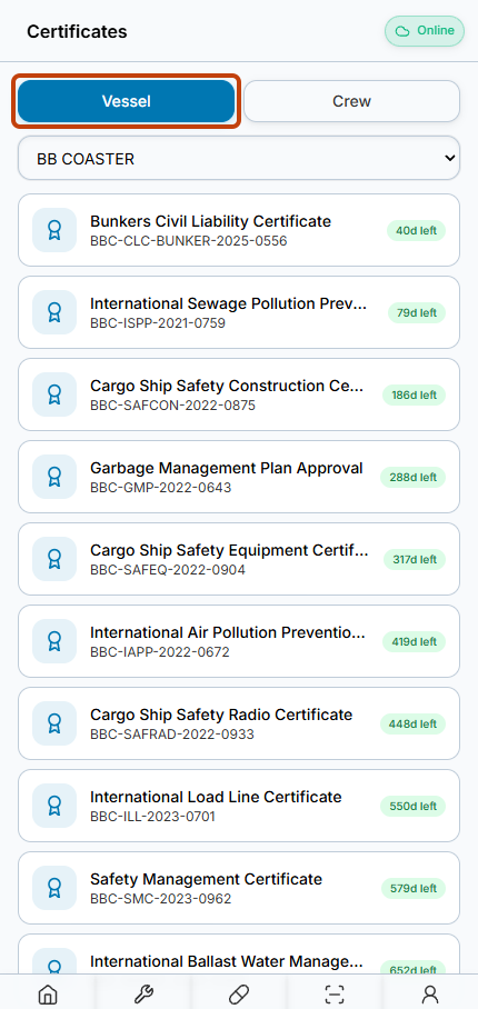 Certificates with Vessel selected, BB COASTER in the selector and certificate expiry badges.