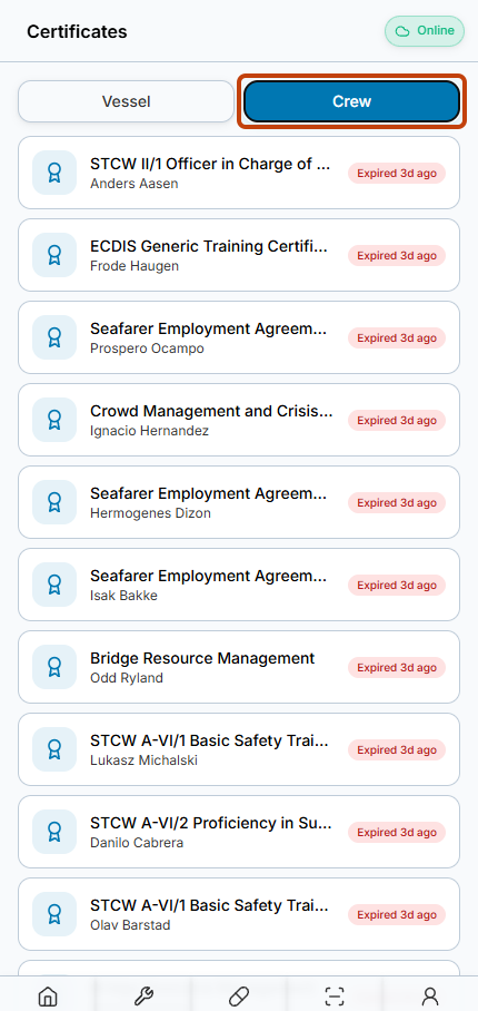 Certificates with Crew selected and no vessel selector above the crew certificate rows.