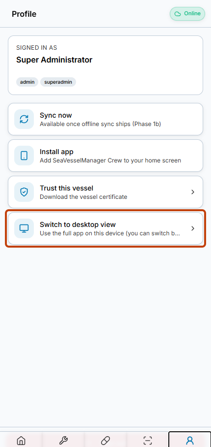 Mobile Profile with Switch to desktop view outlined.