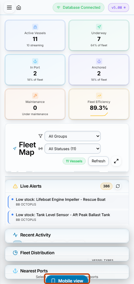 Desktop interface at phone width with the Mobile view return control outlined.