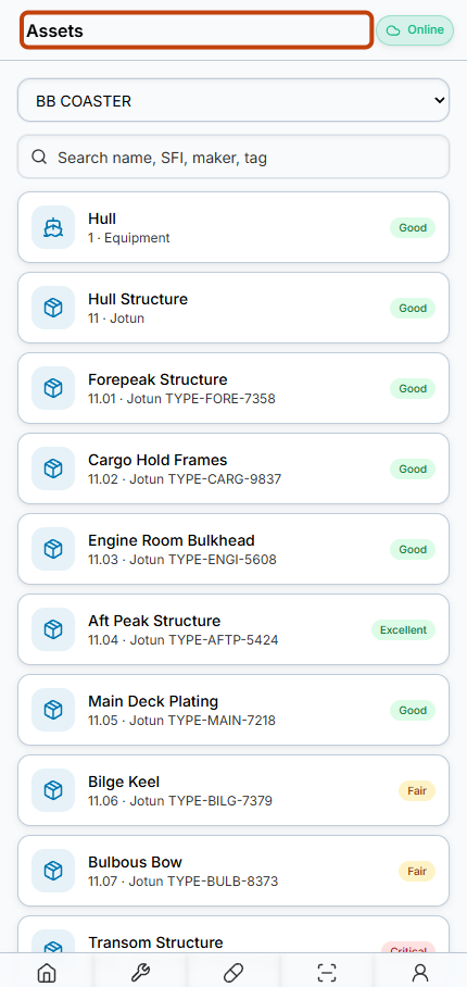 Mobile equipment list with the Assets page heading outlined.