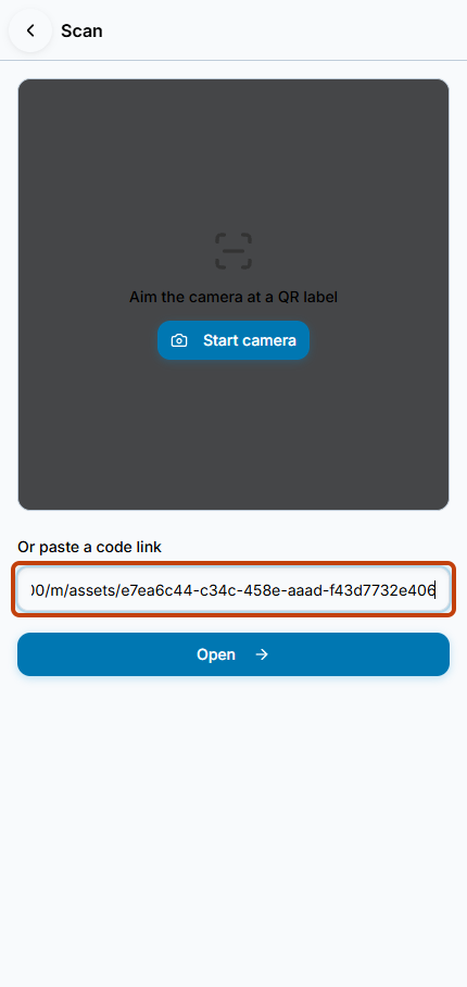 Scan page with a same-origin mobile equipment URL in the outlined manual code-link field.