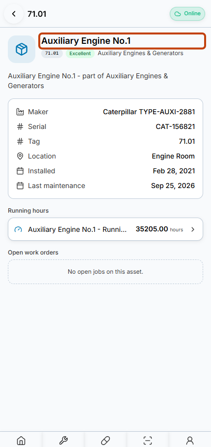 Auxiliary Engine No.1 detail page reached through the manual Scan QR link.