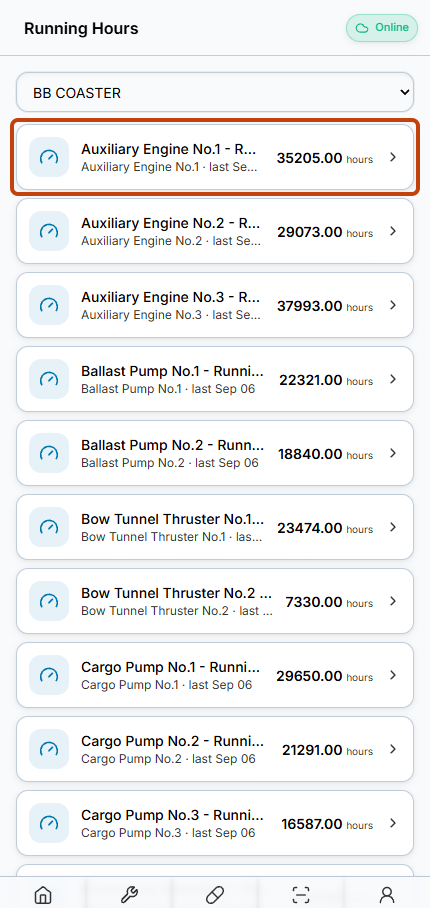 BB COASTER counter list with Auxiliary Engine No.1 - Running Hours outlined.