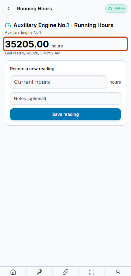 Running-hours detail with the current value and unit outlined above the new-reading form.