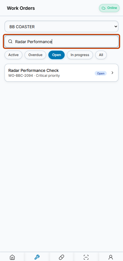 BB COASTER Open work orders narrowed to Radar Performance Check by a title search.