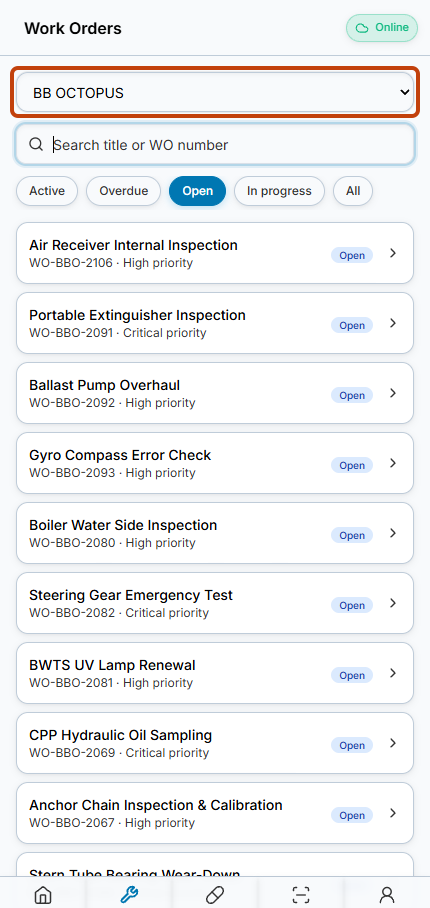 BB OCTOPUS selected above a refreshed list of Open work orders.