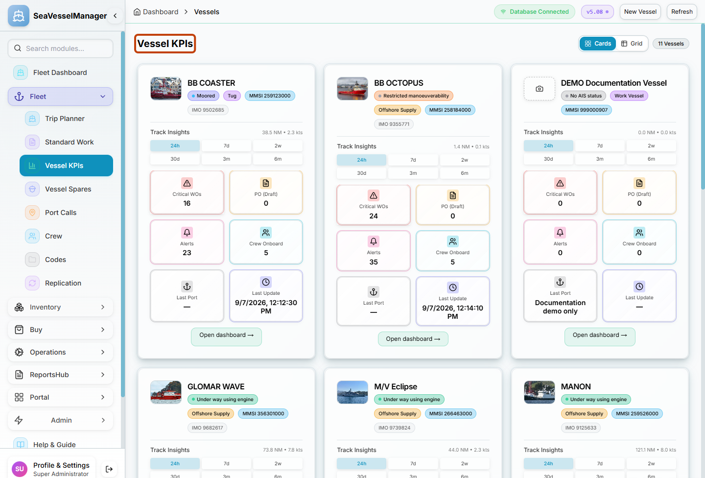 Vessel KPIs page opened from the Fleet sidebar group