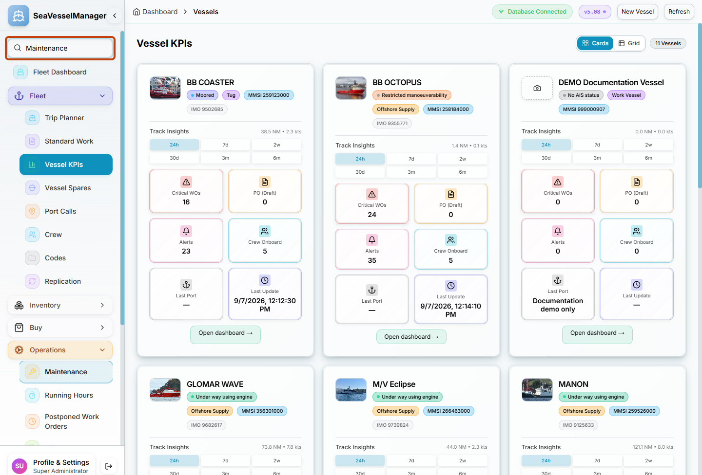 Navigation search containing Maintenance with the Operations result visible