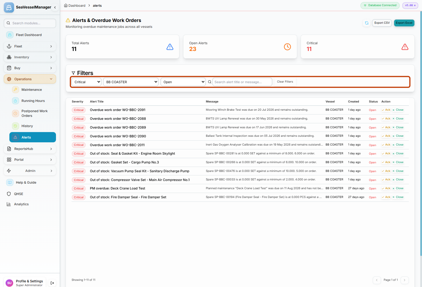Highlighted alert filters set to Critical, BB COASTER, and Open