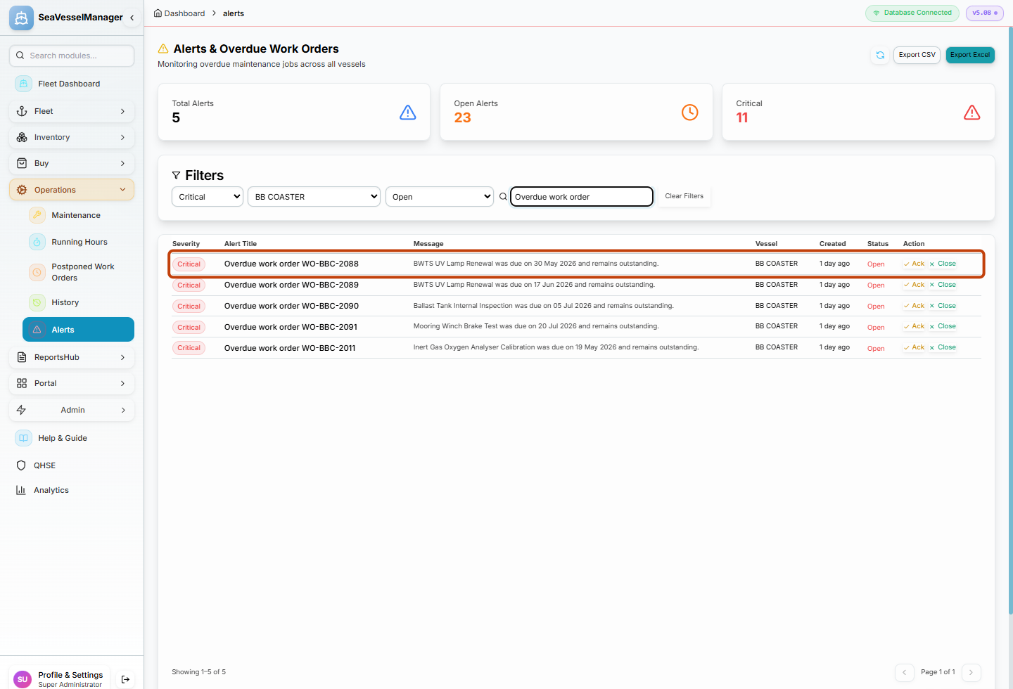 A matching open critical overdue-work-order alert highlighted for BB COASTER