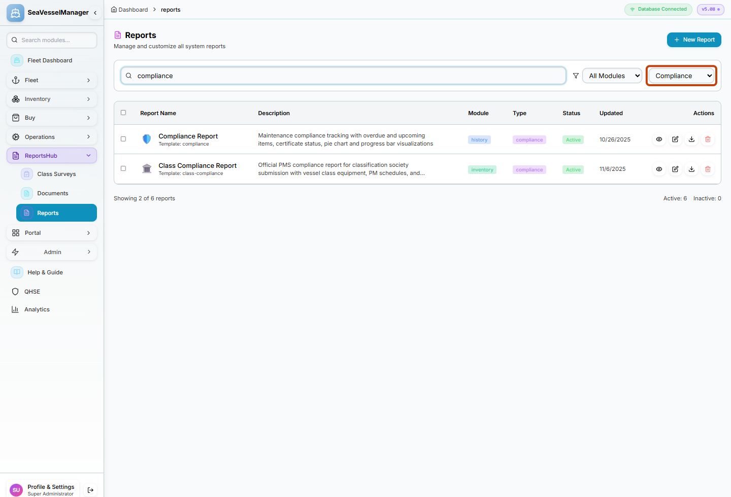 Reports catalog with the Compliance type selected and two matching report definitions