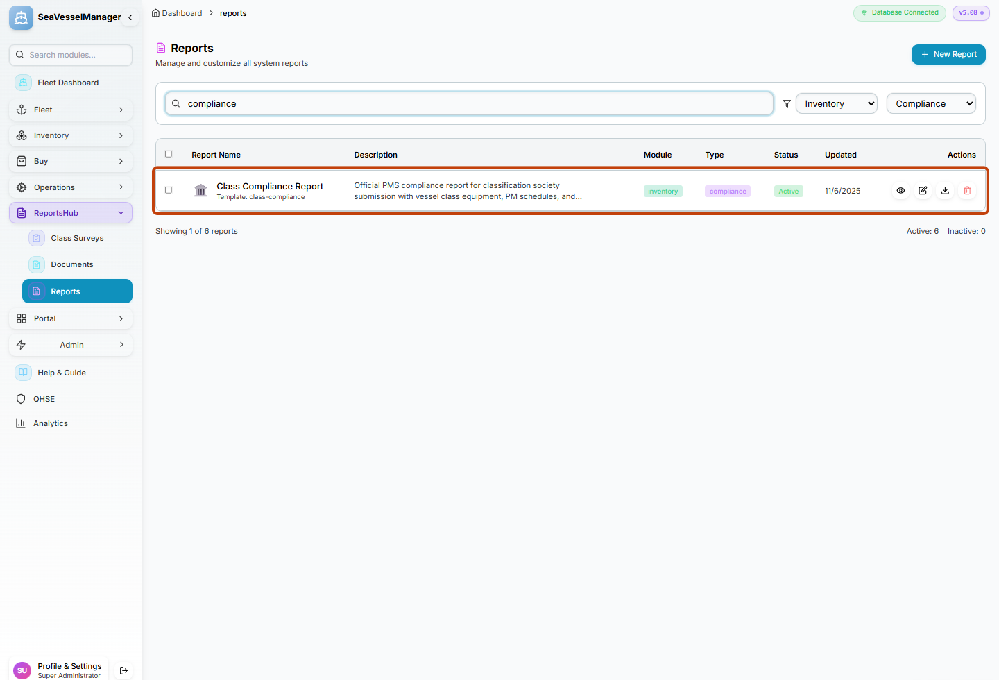 Class Compliance Report highlighted as the only match for Inventory and Compliance