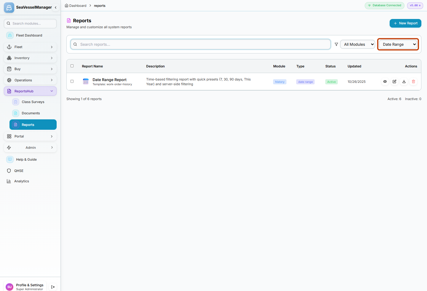 Date Range report type highlighted with the Date Range Report catalog row below