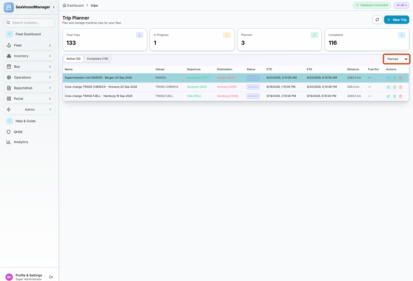 Trip Planner with the Planned filter highlighted and planned trips in the table