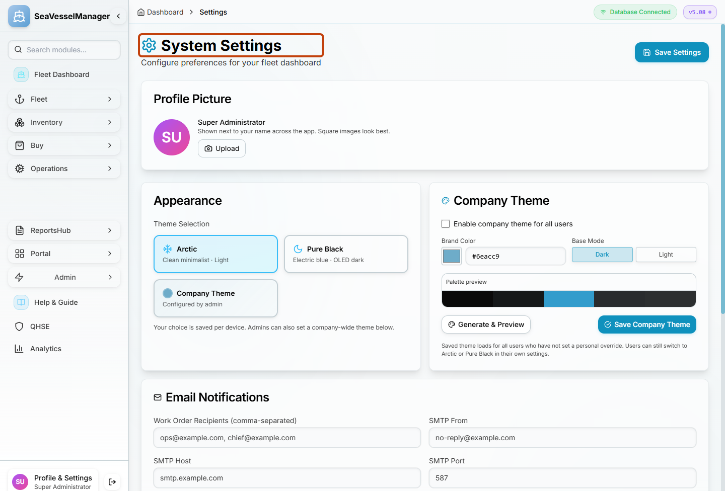 System Settings page showing Profile Picture and Appearance sections